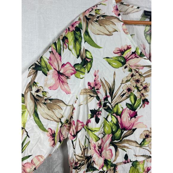 Lane Bryant Top 22 24 Pink Green Floral Peplum Balloon Sleeve Flowy Babydoll - Picture 4 of 10